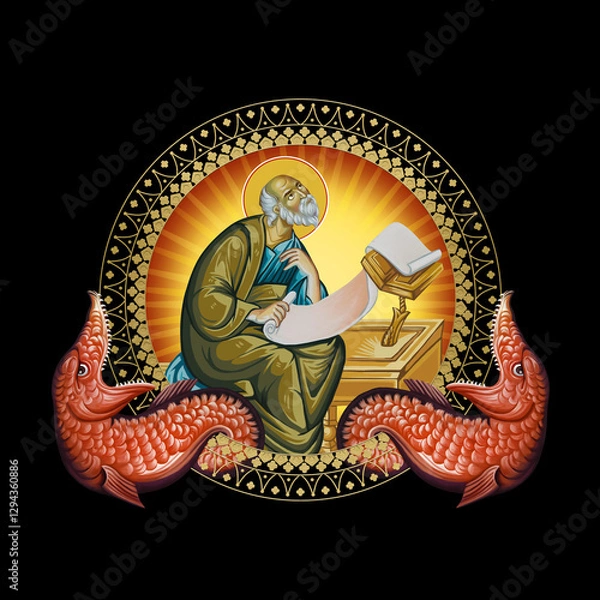 Fototapeta John the Apostle. Religious decorative illustration in Byzantine style on black background