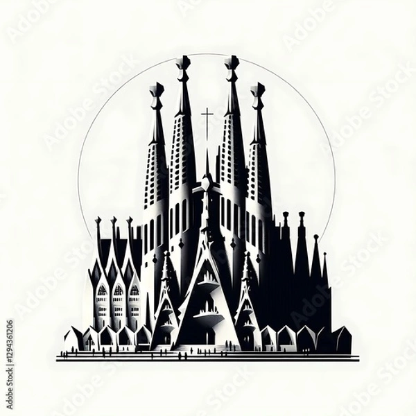 Obraz Monochrome illustration of Sagrada Familia basilica.