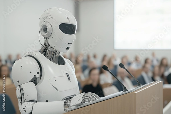 Fototapeta humanoid robot presenting at seminar, showcasing advanced technology and education. audience is engaged, highlighting intersection of AI and learning