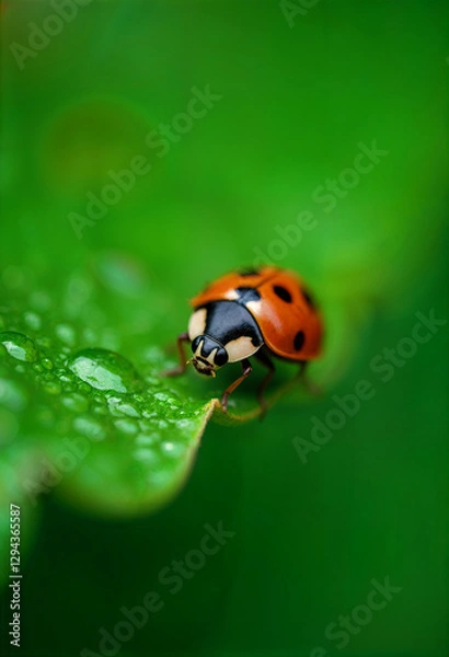 Obraz Ladybug crawling on a fresh green leaf after rain