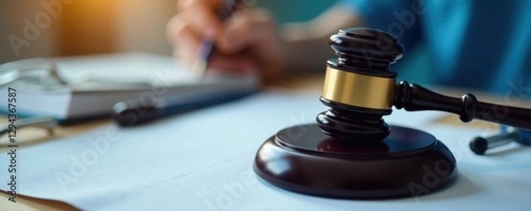 Fototapeta Gavel in sharp focus, blurred stethoscope & notes , healthcare, witness, liability