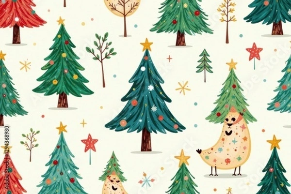Fototapeta Hand-drawn whimsical Christmas trees, seamless repeat pattern , texture, art