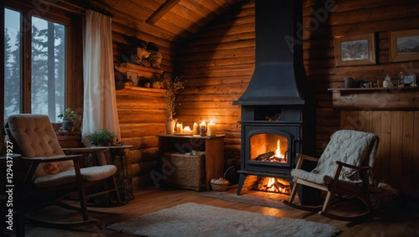 Obraz A quiet evening by the fireplace in a cozy wooden house. A warm blanket on a rocking chair, a book with a bookmark on the table. generative AI