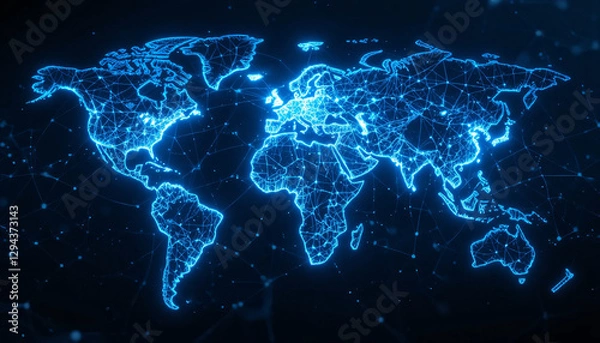 Fototapeta Digital World Map with Blue Network Lines and Dots Indicating Global Connectivity