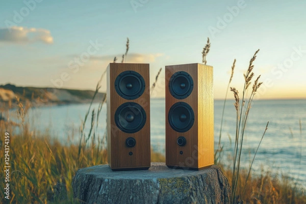 Fototapeta Two wooden speakers sit on a tree stump by the ocean, playing music as the sun sets, creating a peaceful and relaxing atmosphere