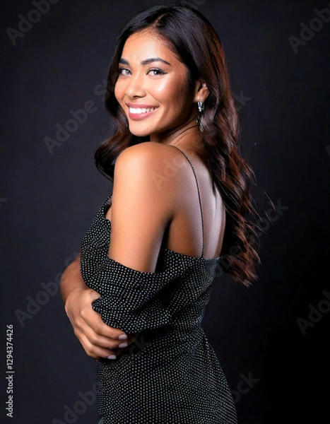 Fototapeta A 25-year-old tan-skinned female model with long brown hair. She has a beautiful smile and is wearing an off-the-shoulder dress.