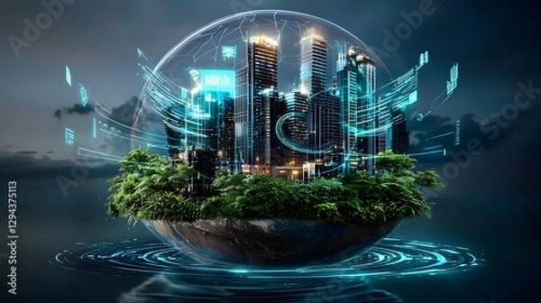 Fototapeta Futuristic sustainability vision showcasing an AI driven digital Earth with holographic data streams representing environmental progress and eco conscious business solutions