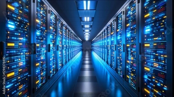 Fototapeta Rows of high tech servers are illuminated with blue and yellow lights in a sleek, modern server room, creating a futuristic atmosphere during late evening hours.