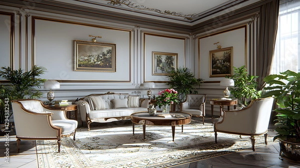Obraz Elegant living room with luxurious furniture, decorative plants, and classic artwork on the walls illuminated by soft natural light.