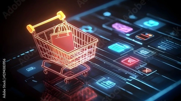 Fototapeta Sleek and minimalist shopping cart with glowing neon outlines and futuristic digital design showcasing a modern e commerce concept on a dark gradient background