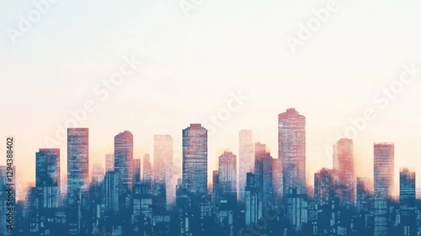 Fototapeta Futuristic Cityscape in Watercolor Style with Skyscrapers at Dusk
