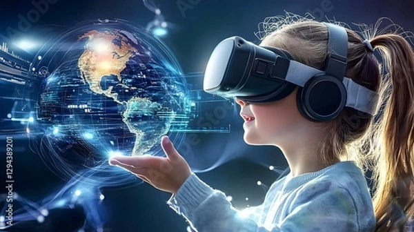 Fototapeta Young woman wearing virtual reality headset completely immersed in a futuristic digital world filled with glowing holographic maps data streams and global connectivity
