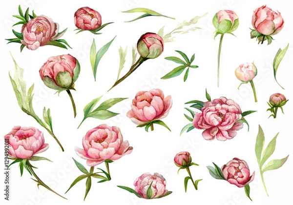 Fototapeta Watercolor set of pink peonies with green leaves. Hand drawn botanical illustration. Realistic isolated objects on white background for design of postcard, stickers.