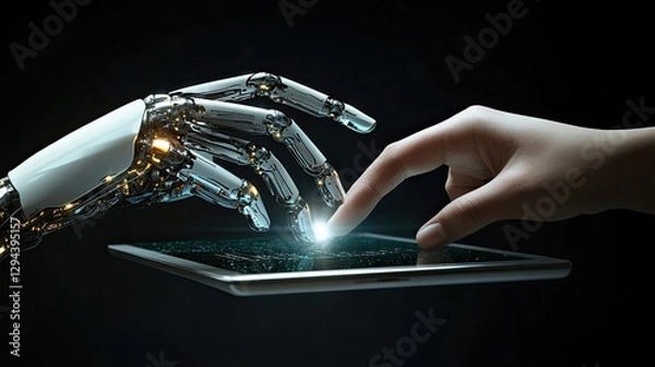 Obraz A human hand guiding a robotic one to write on a digital tablet.