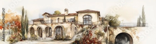 Fototapeta Rustic Watercolor Painting Of An Aged Stone House In The Mediterranean Region Of Europe And South West Asia. An Exterior View Of A House With Stone Walls And Details Like Arches And Windows. A