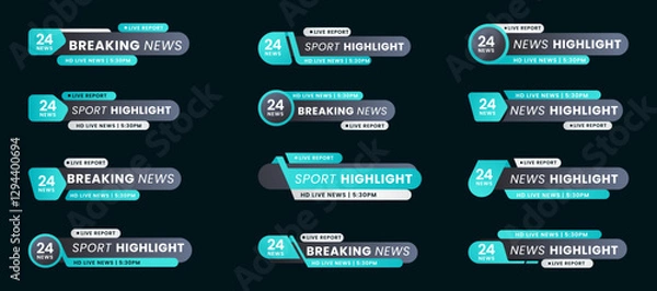Obraz Set of breaking news lower third bar banner design. Tv header bars for news, sports, and live broadcast information. Professional video title templates for broadcast and media vector set collection