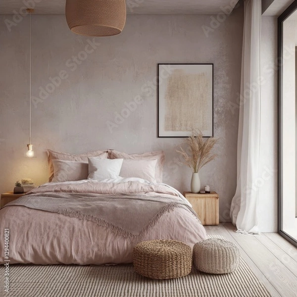 Fototapeta A serene bedroom setting showing warm toned decoration
