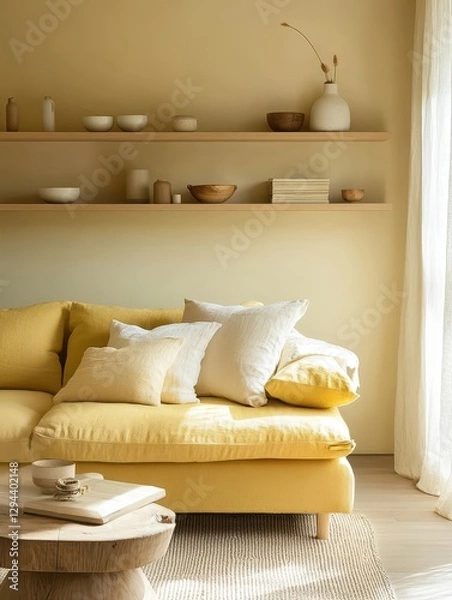 Fototapeta A yellow sofa and shelves showcase a comfortable living space
