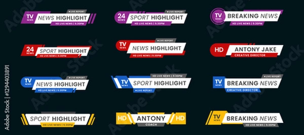 Obraz Set of breaking news lower third bar banner design. Tv header bars for news, sports, and live broadcast information. Professional video title templates for broadcast and media vector set collection