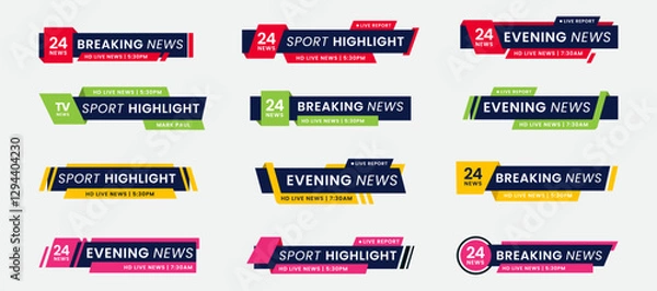 Obraz Breaking news lower third banner set. TV header bars for news, sports, and live broadcast vector set collection. Essential video titles in red, green, yellow, and pink. Isolated lower third template