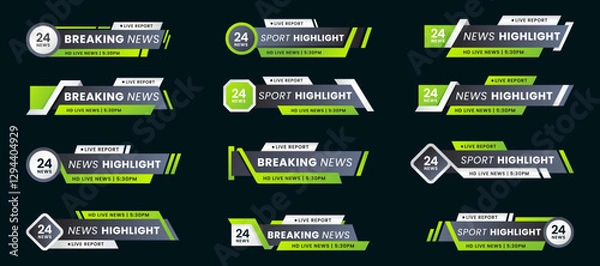 Obraz Breaking news lower third banner set. TV header bars for news, sports, and live broadcast vector set collection. Essential video titles in green gradient modern color. Isolated lower third template