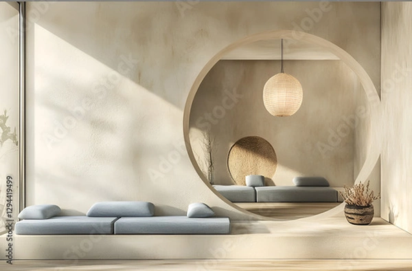 Fototapeta Living Room with Three Sofas, Coffee Table, and Paper Lamp in Circular Archway