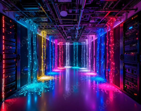 Fototapeta A server farm transformed into an art installation, featuring cascading rainbow cable waterfalls under dramatic gallery lighting, critiquing digital aesthetics.