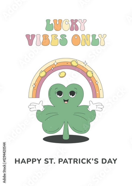 Fototapeta Groovy St Patrick's Day. Rainbow with gold coins, funny shamrock character, lucky vibes only phrase. Greeting card, poster, party invitation, retro style.