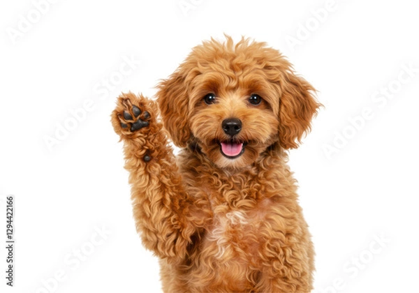 Fototapeta Isolated Happy Puppy Waving Paw with Tongue Out