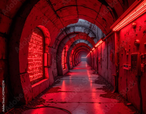Fototapeta Underground data bunker with concrete walls, glowing fiber optic constellations, red emergency lights, and retro tech.
