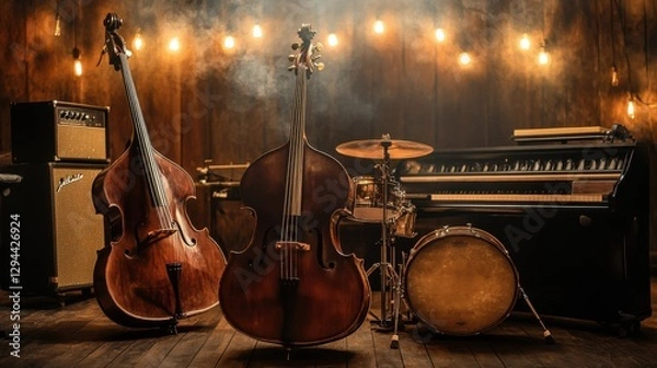 Fototapeta Elegant Musical Instruments in Cozy Rustic Setting with Lights