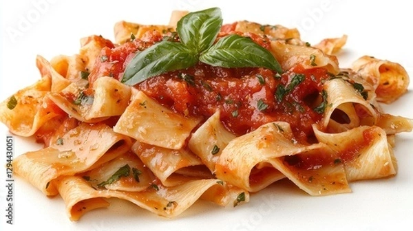 Fototapeta Pasta with tomato sauce, studio shot, fresh basil garnish