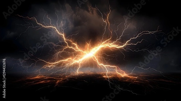 Fototapeta Dramatic and powerful electric lightning bolt striking across a deep black storm atmosphere with intense energy sharp glowing edges and a surreal apocalyptic feel
