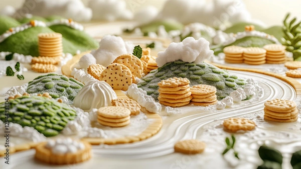Fototapeta Depicting a magical world with whipped cream shores, cookie paths and gingerbread houses