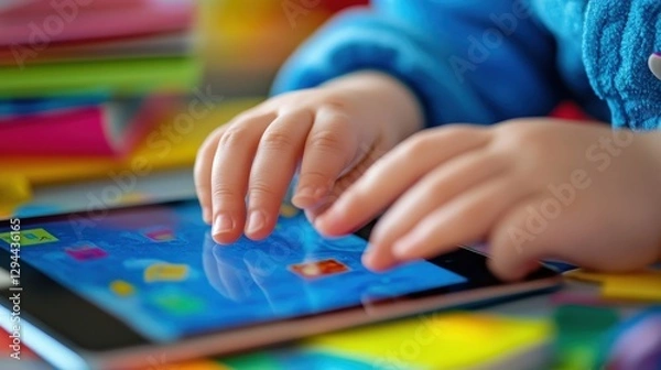 Fototapeta Child Engaging with Touchscreen Tablet Surrounded by Colorful Materials