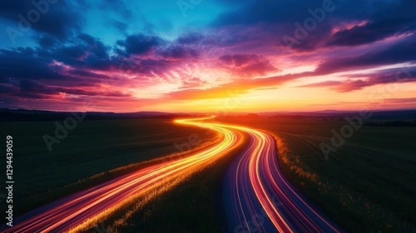 Fototapeta Long line of colorful light trails through a field on a country road at sunset