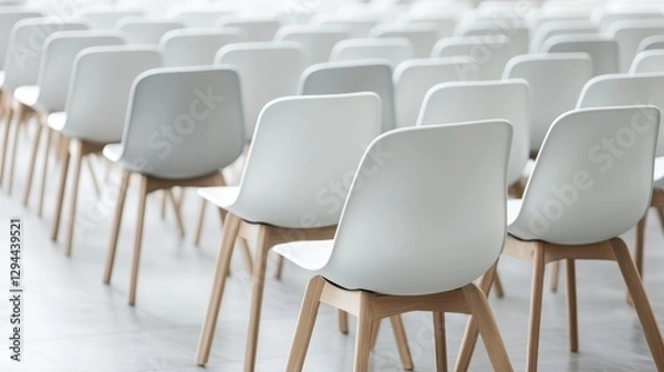 Fototapeta A modern arrangement of white chairs with wooden legs, creating a clean and minimalist aesthetic in a spacious environment.