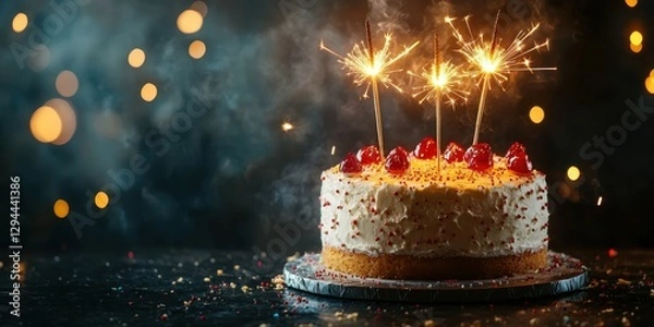 Fototapeta Festive birthday cake decorated with cherries and sparklers illuminated against a dark backdrop