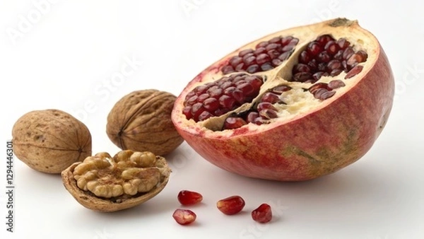 Obraz pomegranate and walnuts isolated on white background