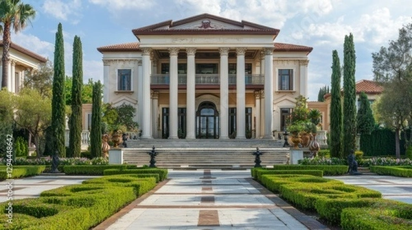 Fototapeta Majestic Mediterranean Villa with Lush Gardens and Stately Columns