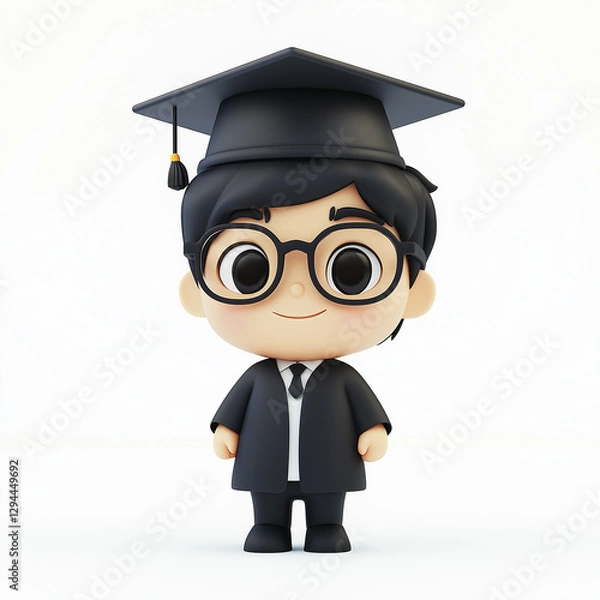 Fototapeta A chibi-style 3D professor with glasses and a graduation cap, on a white background
