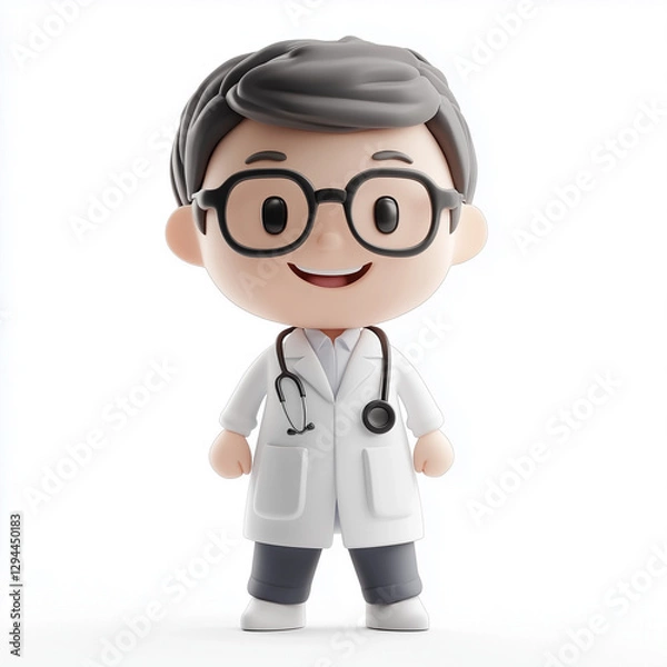 Fototapeta A cute 3D doctor with a stethoscope, smiling on a white background.