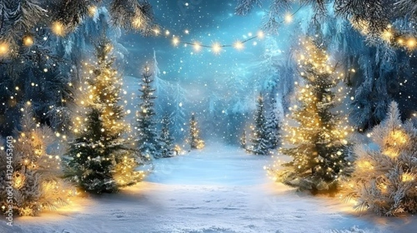 Fototapeta Enchanting winter wonderland scene with snow covered pine trees twinkling string lights and a glowing fairy tale like atmosphere  A festive and cozy 3D of a serene