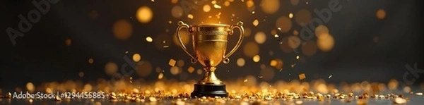 Obraz Golden trophy with golden confetti falling from top, festive, confetti
