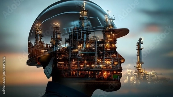 Fototapeta Striking silhouette of a large complex industrial oil refinery plant with a worker s safety helmet in the foreground set against a dramatic sunset sky with vibrant colors and reflections