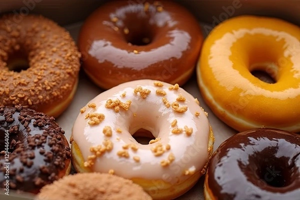 Fototapeta Delicious assortment of colorful donuts bakery food photography indoor setting close-up view sweet treats