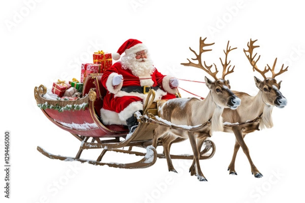 Obraz Santa claus delivering gifts on sleigh with reindeer transparent background png white space environment