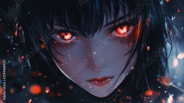 Fototapeta A close up anime portrait showing intense eyes with glowing light