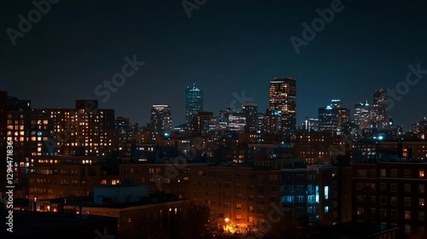 Fototapeta The Boston, Massachusetts downtown city skyline at night, illuminated by countless lights that reflect off the water.