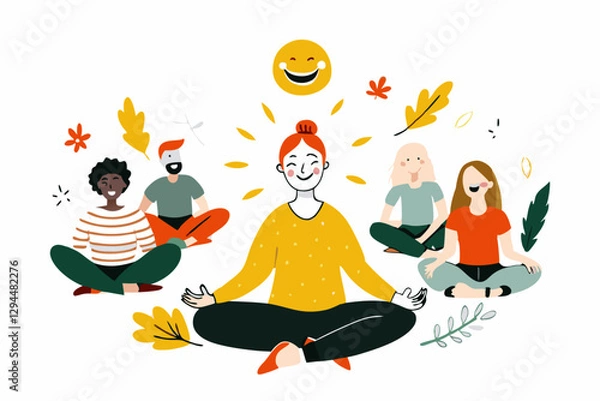 Obraz Diverse Group Meditating Outdoors with Smiling Sun in Autumn Scene, Laughter Yoga